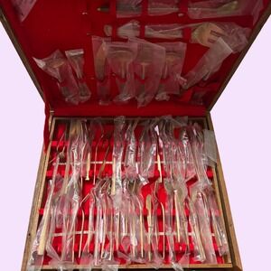 Vintage Thailand Nickel Bronze Flatware Set 141 Pieces - Teak Wood Case - 1950s